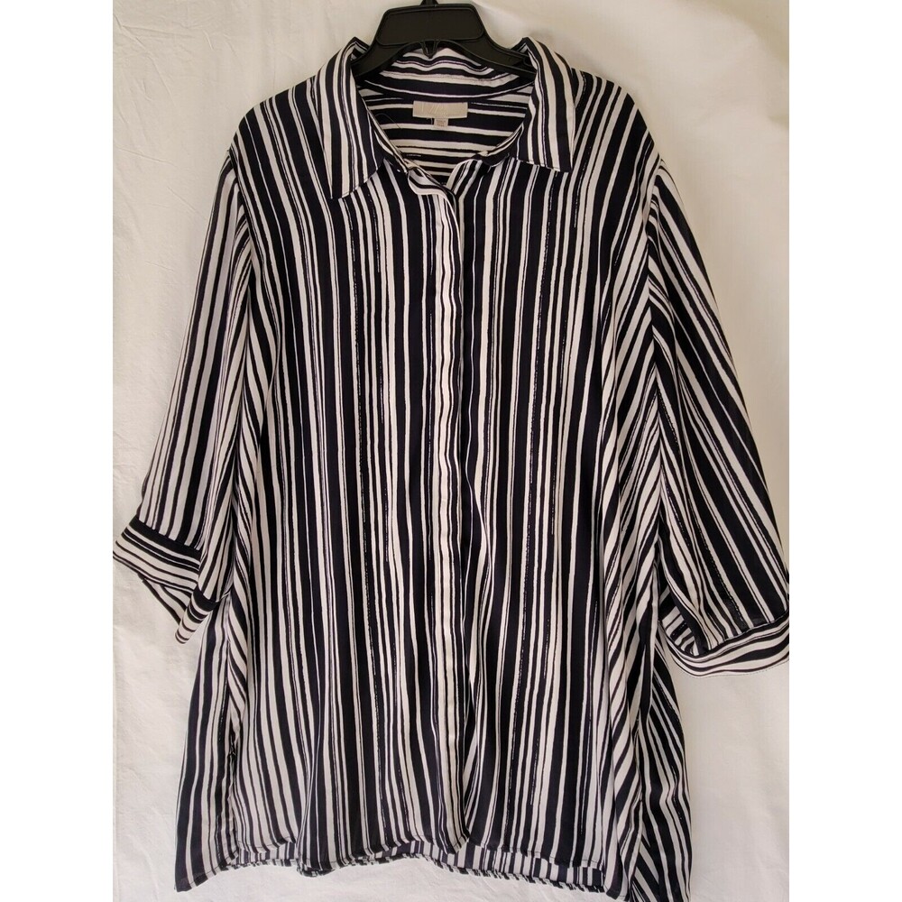 VIP by Avenue Women's Blue White Striped Long Sleeve Button Down Shirt Sz 22/24